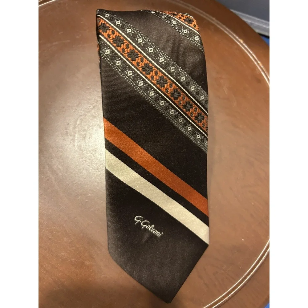G Galvani Neck Tie Brown Orange‎ Geometric Striped Polyester Vintage